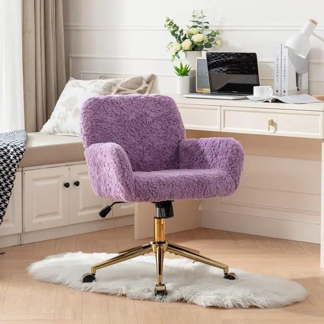 Alt view image 3 of 7 - Henf Purple Faux Fur Upholstered Desk Chair Makeup Vanity Chair for Girls,Swivel Office Chair with Gold Base,Height Adjustable Tiltable Computer Chair,Cute Desk Chair for Kids