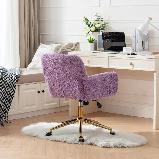 Alt view image 4 of 7 - Henf Purple Faux Fur Upholstered Desk Chair Makeup Vanity Chair for Girls,Swivel Office Chair with Gold Base,Height Adjustable Tiltable Computer Chair,Cute Desk Chair for Kids