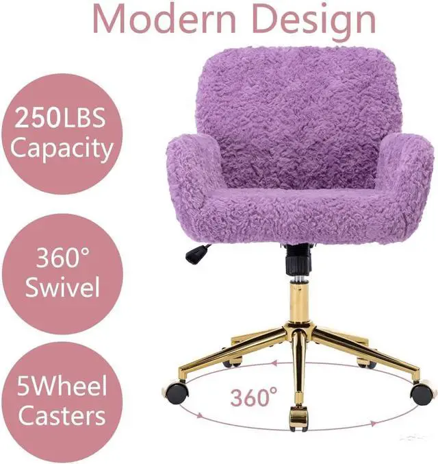 Alt view image 7 of 7 - Henf Purple Faux Fur Upholstered Desk Chair Makeup Vanity Chair for Girls,Swivel Office Chair with Gold Base,Height Adjustable Tiltable Computer Chair,Cute Desk Chair for Kids