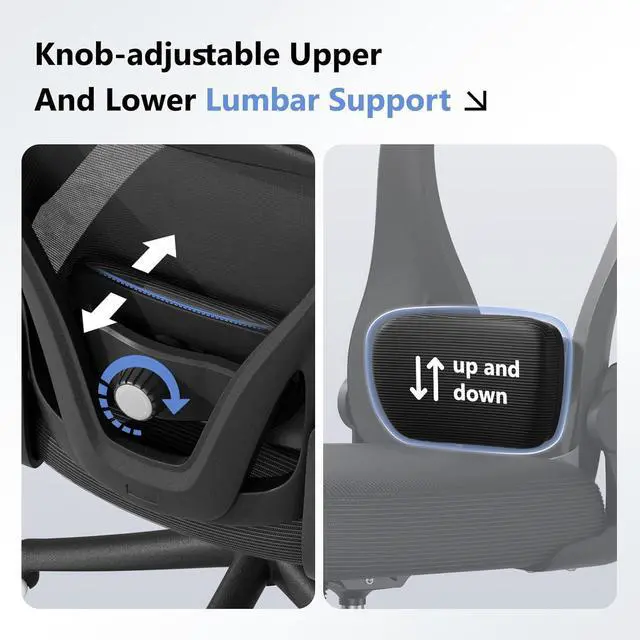 Alt view image 5 of 7 - Computer Desk Chair, Ergonomic Office Chair M903 with Wheels, High Back Mesh Office Chair with Adjustable Lumbar Support, Headrest, Flip-Up Armrests, Black