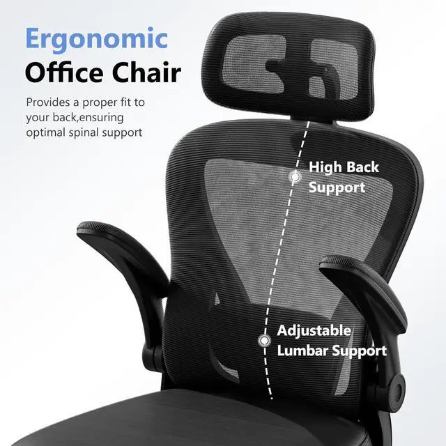 Alt view image 6 of 7 - Computer Desk Chair, Ergonomic Office Chair M903 with Wheels, High Back Mesh Office Chair with Adjustable Lumbar Support, Headrest, Flip-Up Armrests, Black