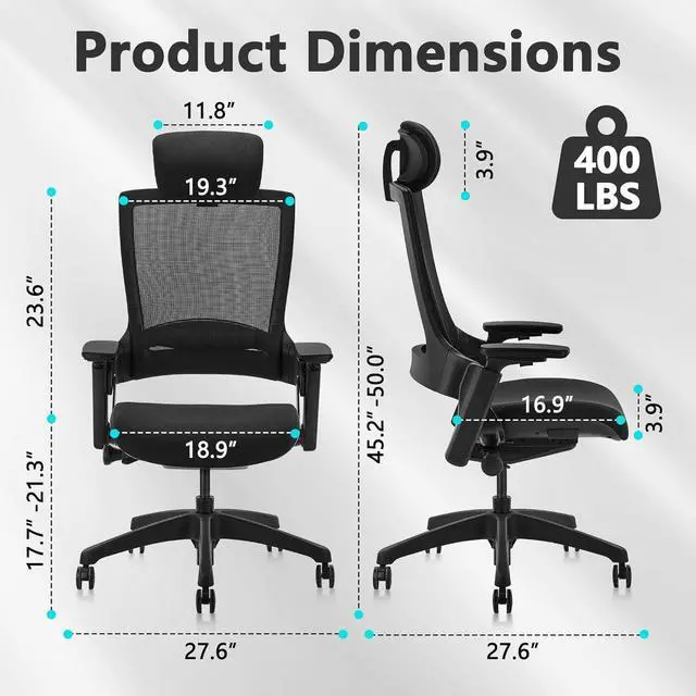 Alt view image 3 of 7 - CLATINA Ergonomic High Swivel Executive Chair with Adjustable Height Head 3D Arm Rest Lumbar Support and Upholstered Back for Home Office Black Mesh/High Back