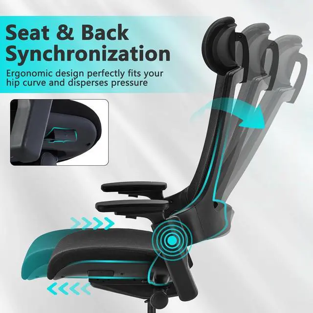 Alt view image 4 of 7 - CLATINA Ergonomic High Swivel Executive Chair with Adjustable Height Head 3D Arm Rest Lumbar Support and Upholstered Back for Home Office Black Mesh/High Back