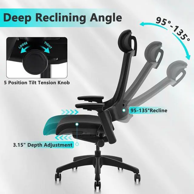 Alt view image 7 of 7 - CLATINA Ergonomic High Swivel Executive Chair with Adjustable Height Head 3D Arm Rest Lumbar Support and Upholstered Back for Home Office Black Mesh/High Back