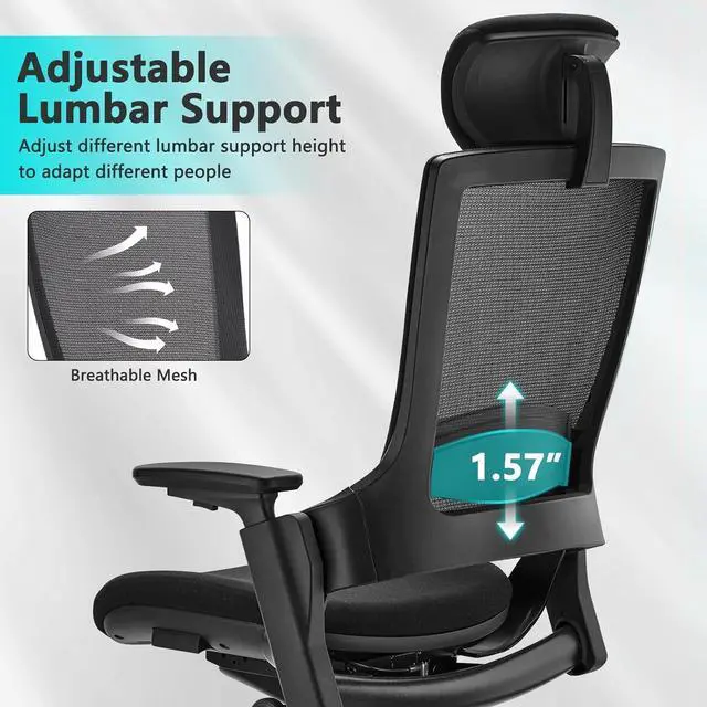Alt view image 6 of 7 - CLATINA Ergonomic High Swivel Executive Chair with Adjustable Height Head 3D Arm Rest Lumbar Support and Upholstered Back for Home Office Black Mesh/High Back