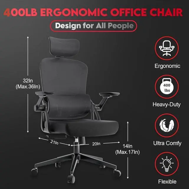 Alt view image 2 of 7 - Ergonomic Office Chair - 400LB Comfy Desk Chairs with Headrest and Lumbar Back Support, Heavy Duty Mesh Computer Chairs with Wheels and Arms for Home Office, Study, Bedroom and Dorm (03black)