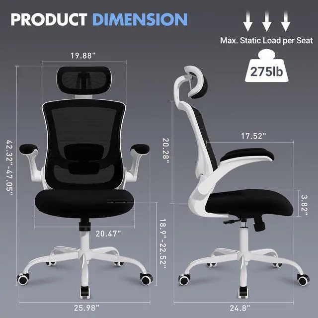 Alt view image 2 of 7 - High Back Office Chair with Adjustable Lumbar Support & Headrest, Ergonomic Mesh Desk Chair with Flip-Up Armrests, Breathable & Comfortable Computer Chair for Home, Office & Study, Black