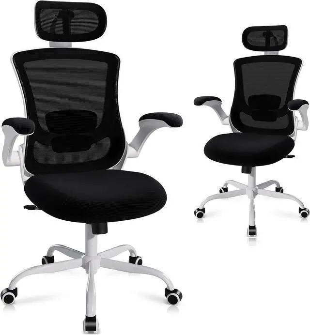 Alt view image 3 of 7 - High Back Office Chair with Adjustable Lumbar Support & Headrest, Ergonomic Mesh Desk Chair with Flip-Up Armrests, Breathable & Comfortable Computer Chair for Home, Office & Study, Black