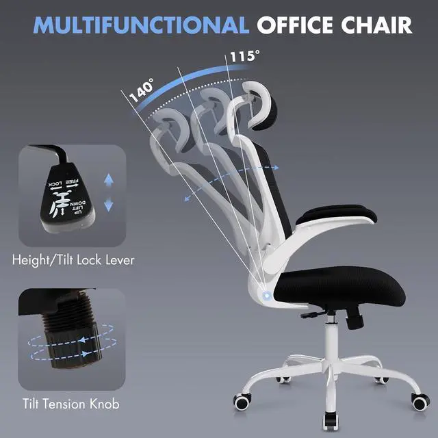 Alt view image 4 of 7 - High Back Office Chair with Adjustable Lumbar Support & Headrest, Ergonomic Mesh Desk Chair with Flip-Up Armrests, Breathable & Comfortable Computer Chair for Home, Office & Study, Black
