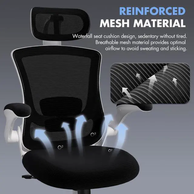 Alt view image 5 of 7 - High Back Office Chair with Adjustable Lumbar Support & Headrest, Ergonomic Mesh Desk Chair with Flip-Up Armrests, Breathable & Comfortable Computer Chair for Home, Office & Study, Black