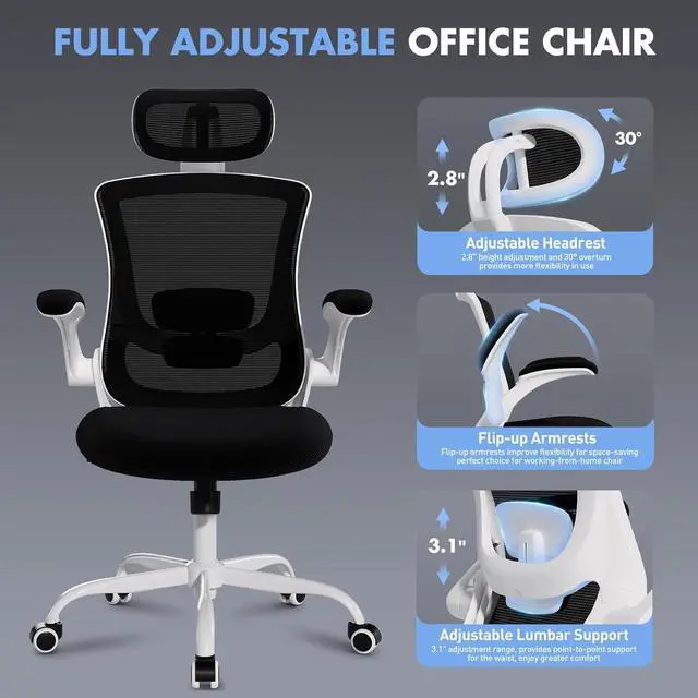 Alt view image 6 of 7 - High Back Office Chair with Adjustable Lumbar Support & Headrest, Ergonomic Mesh Desk Chair with Flip-Up Armrests, Breathable & Comfortable Computer Chair for Home, Office & Study, Black