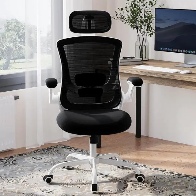 Alt view image 7 of 7 - High Back Office Chair with Adjustable Lumbar Support & Headrest, Ergonomic Mesh Desk Chair with Flip-Up Armrests, Breathable & Comfortable Computer Chair for Home, Office & Study, Black