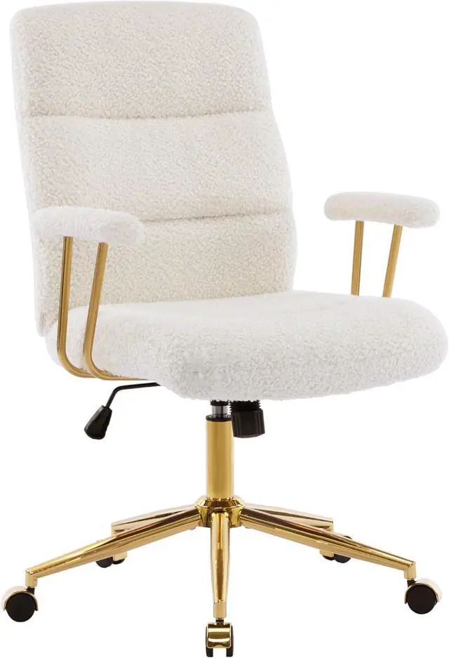 Main image of Techni Mobili Elegant White and Gold Fuzzy Office Chair with Textured Boucle Fabric, Modern Desk Chair with Padded Seat, Height Adjustable with Durable Gold Base