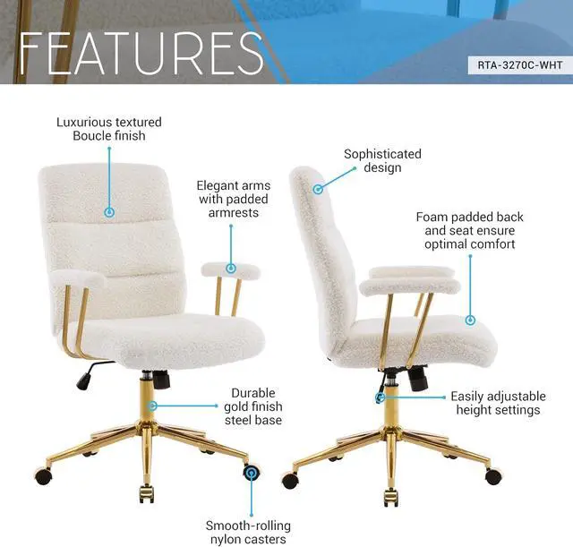 Alt view image 4 of 7 - Techni Mobili Elegant White and Gold Fuzzy Office Chair with Textured Boucle Fabric, Modern Desk Chair with Padded Seat, Height Adjustable with Durable Gold Base