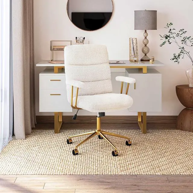 Alt view image 2 of 7 - Techni Mobili Elegant White and Gold Fuzzy Office Chair with Textured Boucle Fabric, Modern Desk Chair with Padded Seat, Height Adjustable with Durable Gold Base