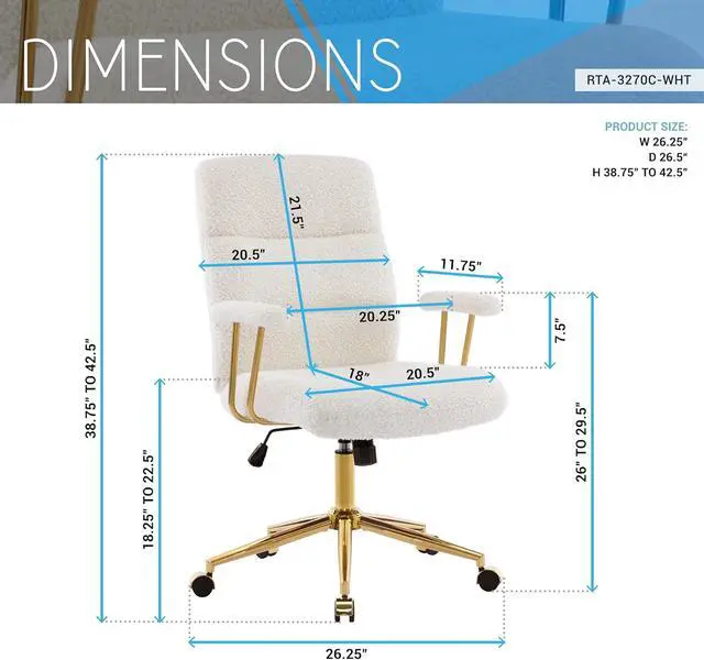 Alt view image 3 of 7 - Techni Mobili Elegant White and Gold Fuzzy Office Chair with Textured Boucle Fabric, Modern Desk Chair with Padded Seat, Height Adjustable with Durable Gold Base
