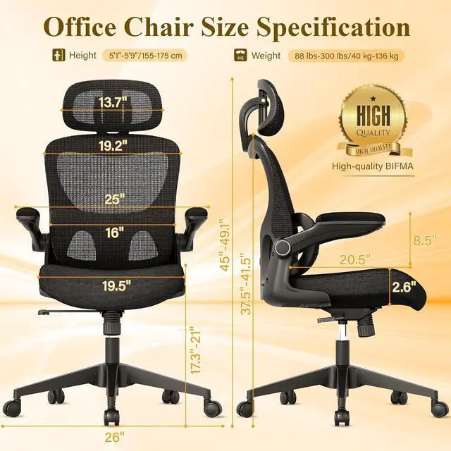 Alt view image 3 of 7 - SUNNOW Ergonomic Office Chair, Comfy Mesh Desk Chair, High Back Computer Gaming Chairs with Adjustable Lumbar Support, Flip-Up Arms, Headrest, Tilt Function, Wide Cushion, Swivel Wheel, BIFMA Quality