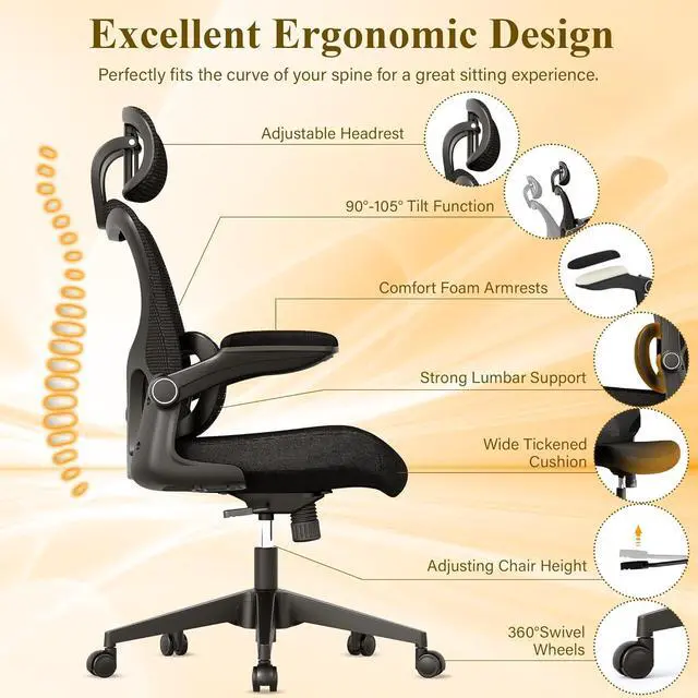 Alt view image 4 of 7 - SUNNOW Ergonomic Office Chair, Comfy Mesh Desk Chair, High Back Computer Gaming Chairs with Adjustable Lumbar Support, Flip-Up Arms, Headrest, Tilt Function, Wide Cushion, Swivel Wheel, BIFMA Quality