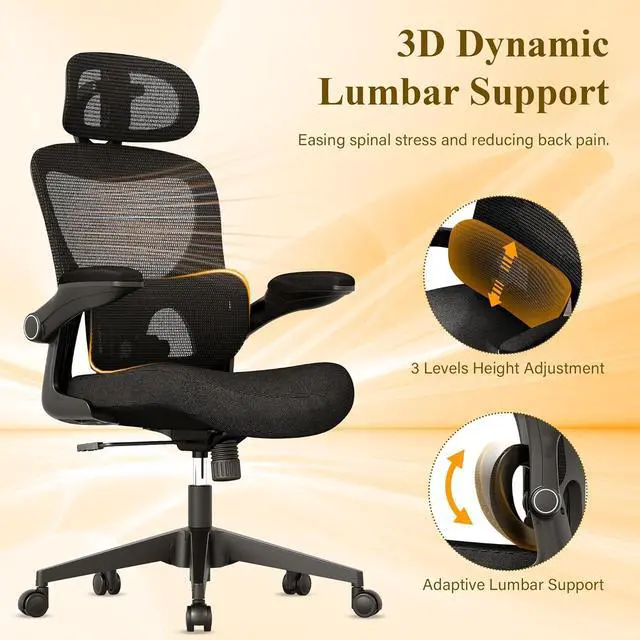 Alt view image 5 of 7 - SUNNOW Ergonomic Office Chair, Comfy Mesh Desk Chair, High Back Computer Gaming Chairs with Adjustable Lumbar Support, Flip-Up Arms, Headrest, Tilt Function, Wide Cushion, Swivel Wheel, BIFMA Quality