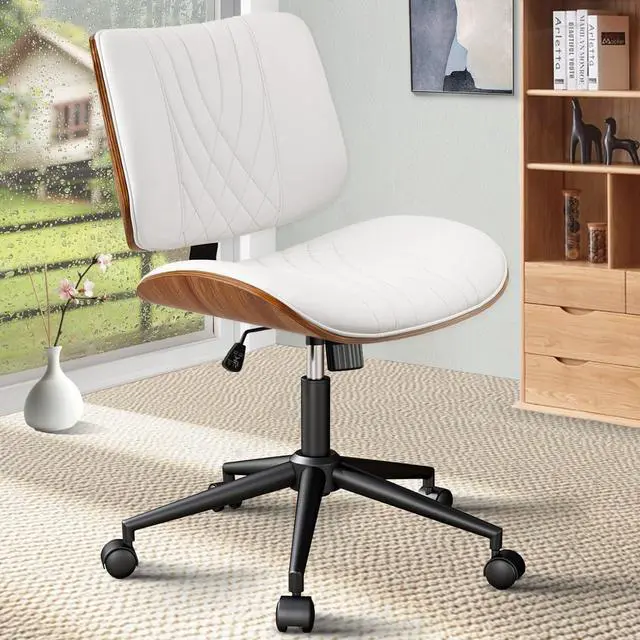 Main image of CLATINA Armless Home Office Chair, Desk Chair with Wheels, Adjustable Height Reading Chair, Leather Mid Back & Swivel Computer Chair, Modern Walnut Chairs with Back for Studio Meeting Room(White)