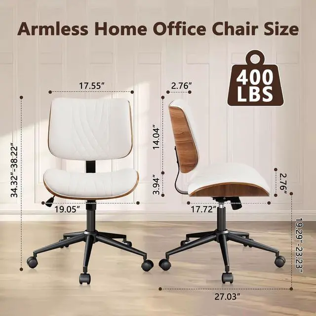 Alt view image 2 of 7 - CLATINA Armless Home Office Chair, Desk Chair with Wheels, Adjustable Height Reading Chair, Leather Mid Back & Swivel Computer Chair, Modern Walnut Chairs with Back for Studio Meeting Room(White)