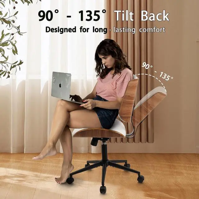 Alt view image 3 of 7 - CLATINA Armless Home Office Chair, Desk Chair with Wheels, Adjustable Height Reading Chair, Leather Mid Back & Swivel Computer Chair, Modern Walnut Chairs with Back for Studio Meeting Room(White)