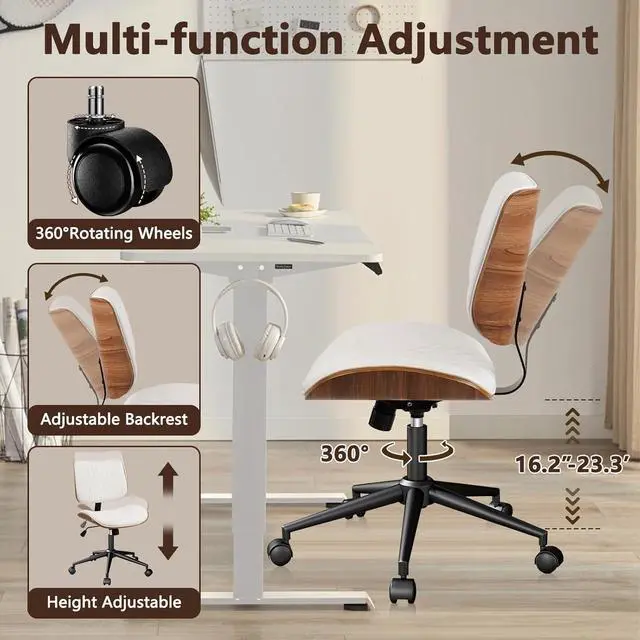 Alt view image 7 of 7 - CLATINA Armless Home Office Chair, Desk Chair with Wheels, Adjustable Height Reading Chair, Leather Mid Back & Swivel Computer Chair, Modern Walnut Chairs with Back for Studio Meeting Room(White)