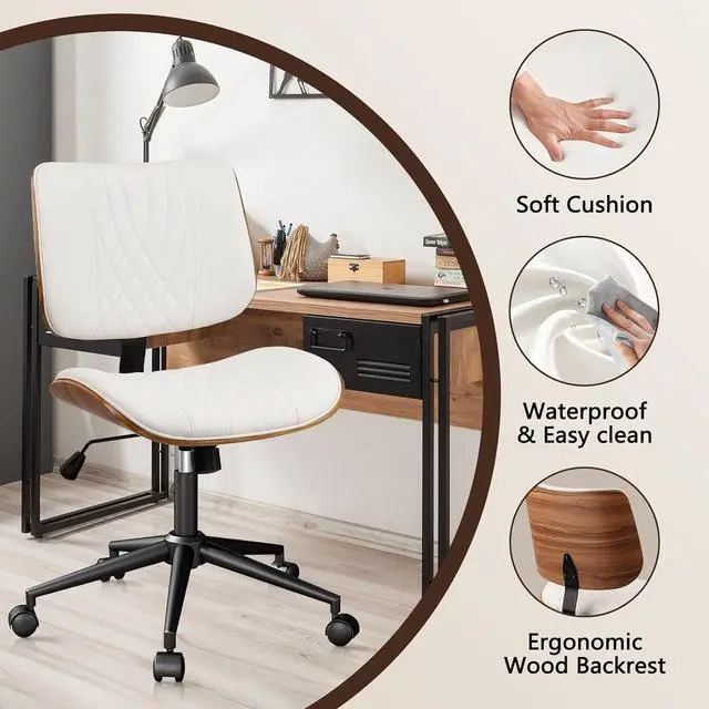 Alt view image 6 of 7 - CLATINA Armless Home Office Chair, Desk Chair with Wheels, Adjustable Height Reading Chair, Leather Mid Back & Swivel Computer Chair, Modern Walnut Chairs with Back for Studio Meeting Room(White)