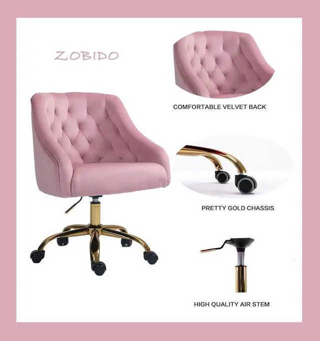 Alt view image 3 of 6 - ZOBIDO Comfy Home Office Task Chair with Wheels, Cute Modern Upholstered Velvet Seashell Back Adjustable Swivel Vanity Desk Chair, for Women, for Girls, Living Room, Bedroom(Bright Pink)