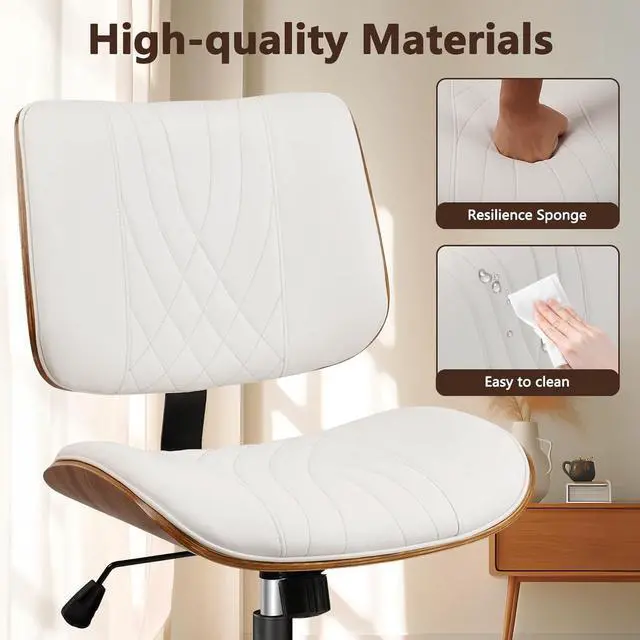 Alt view image 4 of 7 - CLATINA Armless Home Office Chair, Desk Chair with Wheels, Adjustable Height Reading Chair, Leather Mid Back & Swivel Computer Chair, Modern Walnut Chairs with Back for Studio Meeting Room(White)