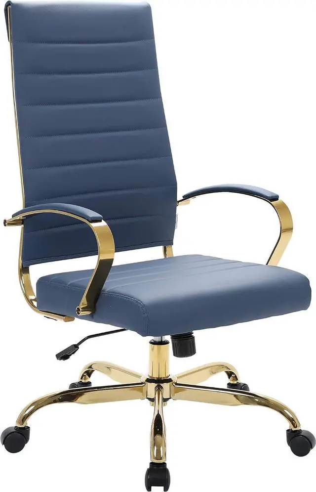 Main image of LeisureMod Benmar High-Back Blue Leather Office Desk Chair Ergonomic Executive Chair with Adjustable Swivel, Gold Frame with Cushion Support & Silent Wheels for Home Office Workstations