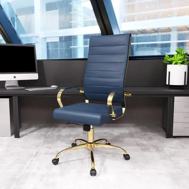 Alt view image 2 of 7 - LeisureMod Benmar High-Back Blue Leather Office Desk Chair Ergonomic Executive Chair with Adjustable Swivel, Gold Frame with Cushion Support & Silent Wheels for Home Office Workstations