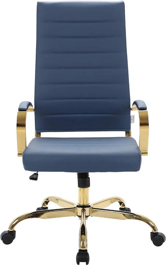 Alt view image 4 of 7 - LeisureMod Benmar High-Back Blue Leather Office Desk Chair Ergonomic Executive Chair with Adjustable Swivel, Gold Frame with Cushion Support & Silent Wheels for Home Office Workstations