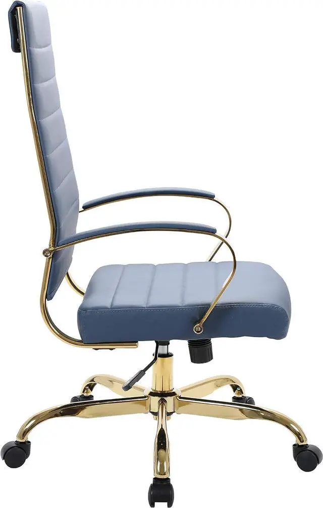 Alt view image 5 of 7 - LeisureMod Benmar High-Back Blue Leather Office Desk Chair Ergonomic Executive Chair with Adjustable Swivel, Gold Frame with Cushion Support & Silent Wheels for Home Office Workstations