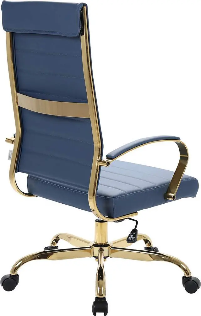 Alt view image 6 of 7 - LeisureMod Benmar High-Back Blue Leather Office Desk Chair Ergonomic Executive Chair with Adjustable Swivel, Gold Frame with Cushion Support & Silent Wheels for Home Office Workstations