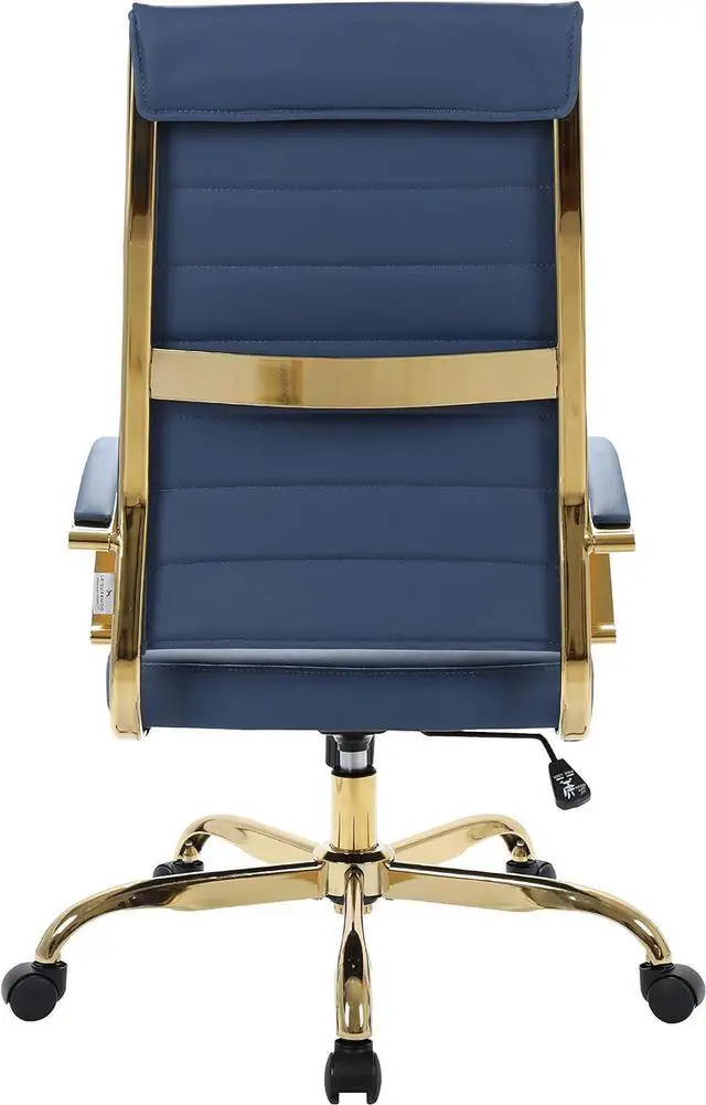 Alt view image 7 of 7 - LeisureMod Benmar High-Back Blue Leather Office Desk Chair Ergonomic Executive Chair with Adjustable Swivel, Gold Frame with Cushion Support & Silent Wheels for Home Office Workstations