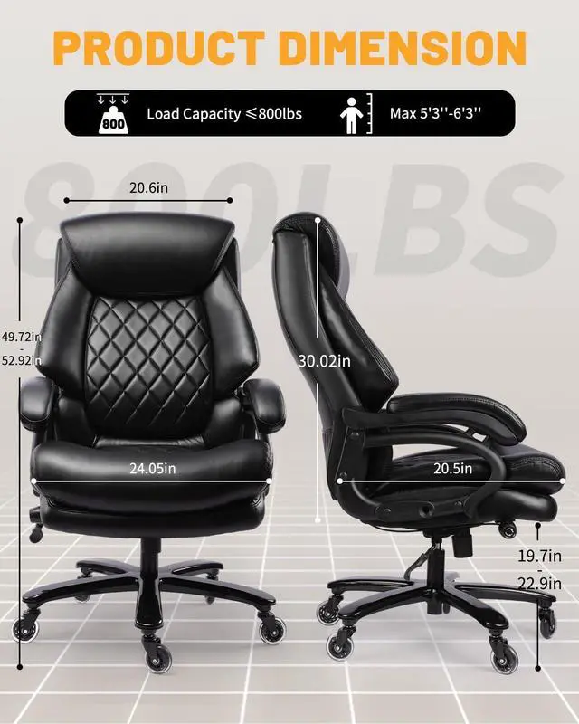 Alt view image 2 of 7 - 800lbs Big and Tall Office Chair, Computer Chair for Heavy People, Executive Chair with Adjustable Lumbar Support, Executive Desk Chairs with Quiet Rubber Wheel and Extra Wide seat