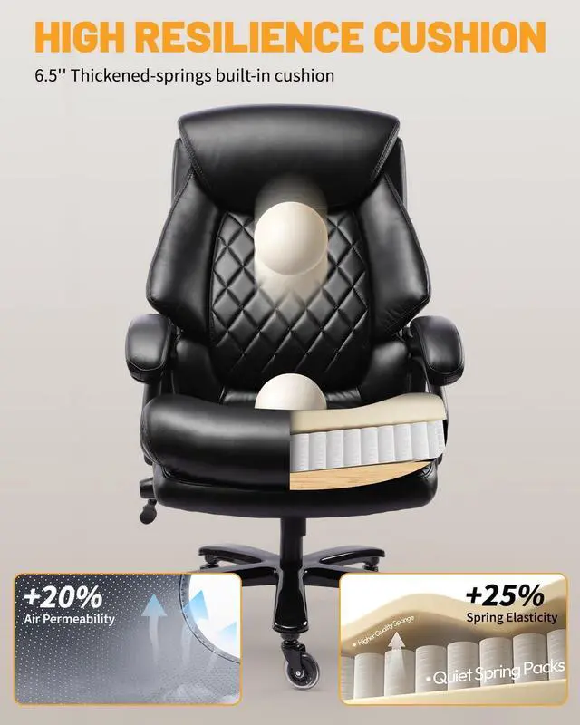 Alt view image 3 of 7 - 800lbs Big and Tall Office Chair, Computer Chair for Heavy People, Executive Chair with Adjustable Lumbar Support, Executive Desk Chairs with Quiet Rubber Wheel and Extra Wide seat