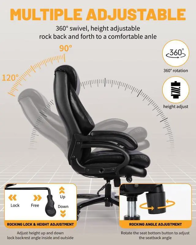 Alt view image 7 of 7 - 800lbs Big and Tall Office Chair, Computer Chair for Heavy People, Executive Chair with Adjustable Lumbar Support, Executive Desk Chairs with Quiet Rubber Wheel and Extra Wide seat