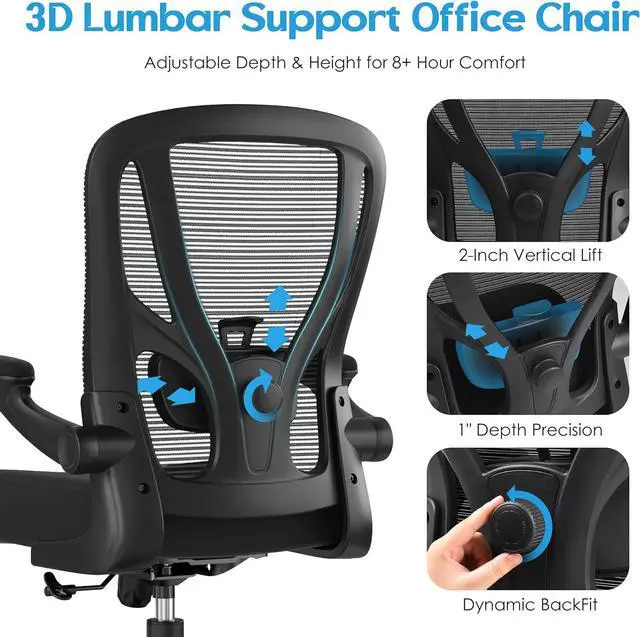 Alt view image 4 of 7 - Office Chair Ergonomic Desk Chair - Mesh Computer Chair Breathable Task Chair with Wheels Adjustable Lumbar Support Home Desk Office Chairs with Flip up Armrest Executive Rolling Swivel Black