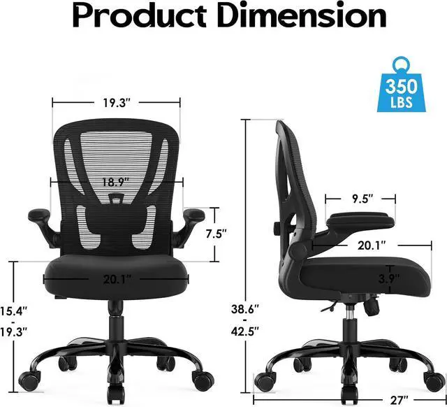 Alt view image 3 of 7 - Office Chair Ergonomic Desk Chair - Mesh Computer Chair Breathable Task Chair with Wheels Adjustable Lumbar Support Home Desk Office Chairs with Flip up Armrest Executive Rolling Swivel Black