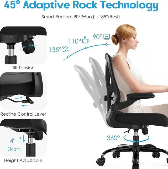 Alt view image 6 of 7 - Office Chair Ergonomic Desk Chair - Mesh Computer Chair Breathable Task Chair with Wheels Adjustable Lumbar Support Home Desk Office Chairs with Flip up Armrest Executive Rolling Swivel Black
