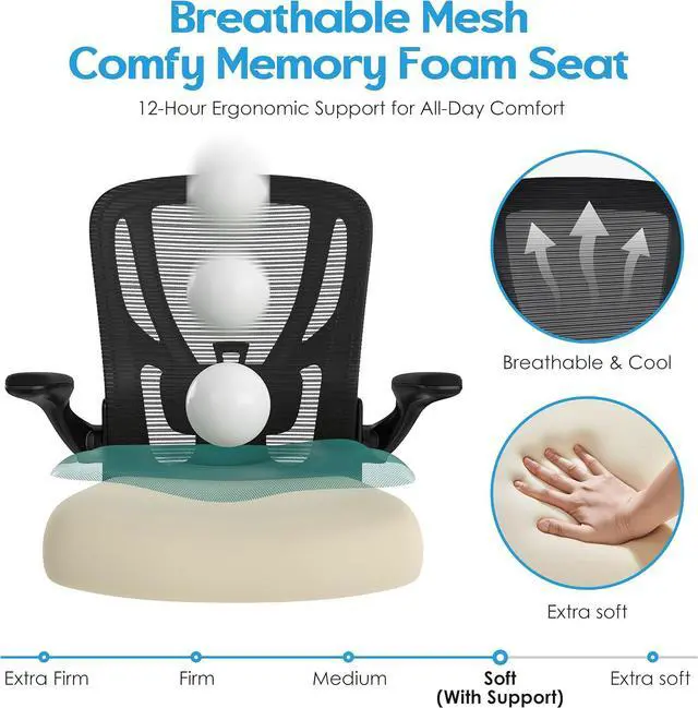 Alt view image 7 of 7 - Office Chair Ergonomic Desk Chair - Mesh Computer Chair Breathable Task Chair with Wheels Adjustable Lumbar Support Home Desk Office Chairs with Flip up Armrest Executive Rolling Swivel Black