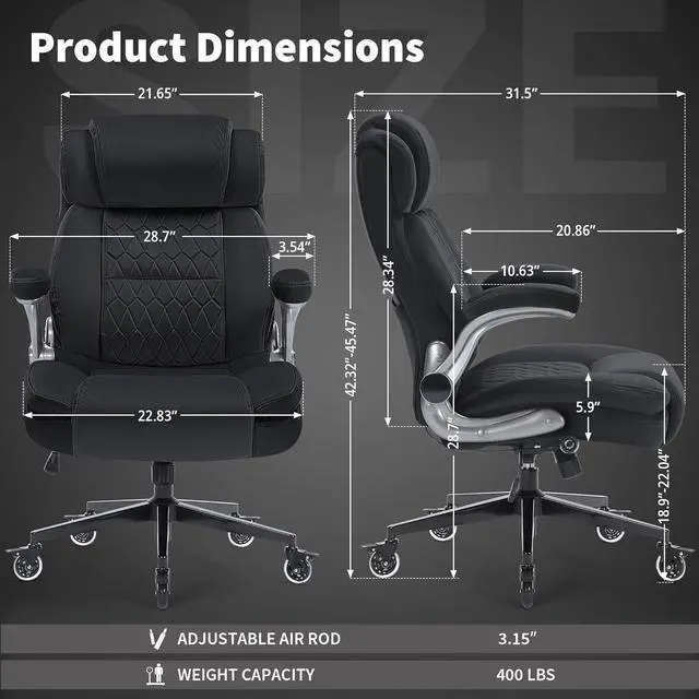 Alt view image 2 of 7 - Fabric High Back Office Chair 400lbs-Adjustable Built-in Lumbar SupportFlip Arms, Locking Wheels-Ergonomic Computer Desk Chair with Heavy Duty BaseThick Padded Large Work Chairs for Adults Men Women