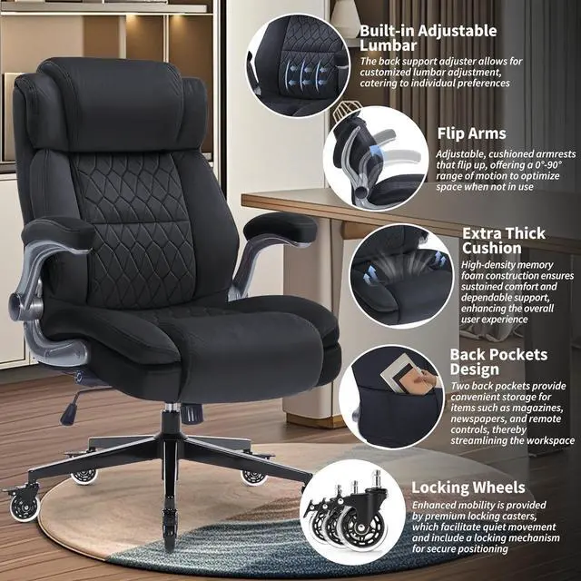 Alt view image 4 of 7 - Fabric High Back Office Chair 400lbs-Adjustable Built-in Lumbar SupportFlip Arms, Locking Wheels-Ergonomic Computer Desk Chair with Heavy Duty BaseThick Padded Large Work Chairs for Adults Men Women