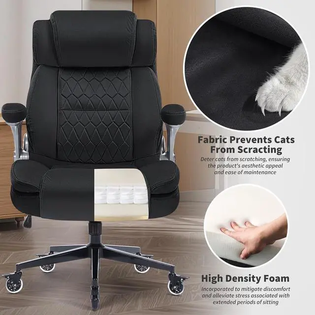 Alt view image 6 of 7 - Fabric High Back Office Chair 400lbs-Adjustable Built-in Lumbar SupportFlip Arms, Locking Wheels-Ergonomic Computer Desk Chair with Heavy Duty BaseThick Padded Large Work Chairs for Adults Men Women