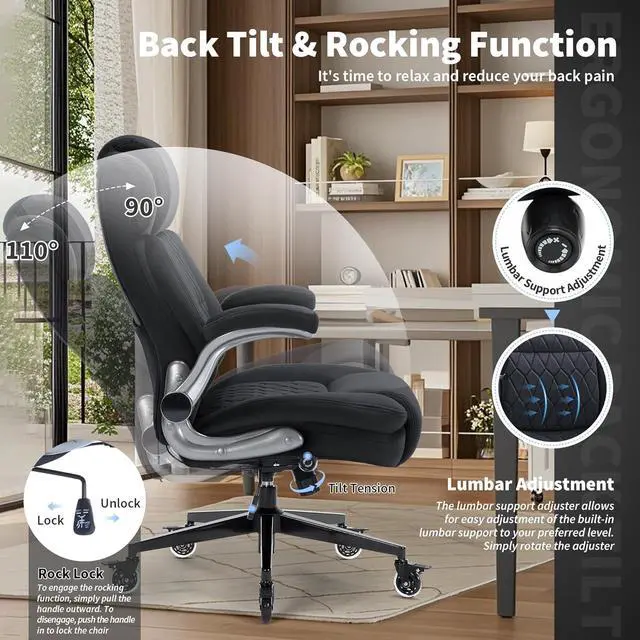 Alt view image 7 of 7 - Fabric High Back Office Chair 400lbs-Adjustable Built-in Lumbar SupportFlip Arms, Locking Wheels-Ergonomic Computer Desk Chair with Heavy Duty BaseThick Padded Large Work Chairs for Adults Men Women