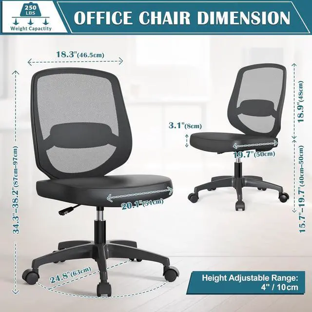 Alt view image 2 of 7 - Small Armless Mesh Office Computer Task Chair Without Arms with Adjustable Lumbar Support and Wheels for Adults and Kids