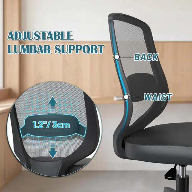 Alt view image 4 of 7 - Small Armless Mesh Office Computer Task Chair Without Arms with Adjustable Lumbar Support and Wheels for Adults and Kids