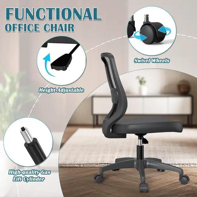Alt view image 5 of 7 - Small Armless Mesh Office Computer Task Chair Without Arms with Adjustable Lumbar Support and Wheels for Adults and Kids